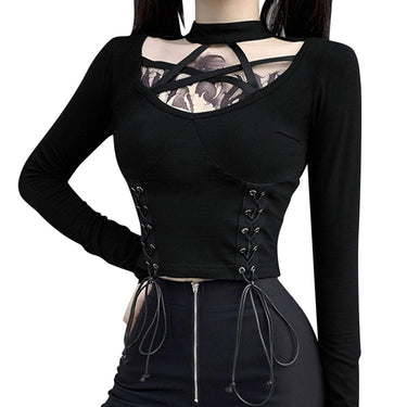 Goth Pentagram Cut out Top Choker Style Neck Long Sleeve, Lace Up Rock Punk Emo Witch Devil Corset from NSE Imports #2.